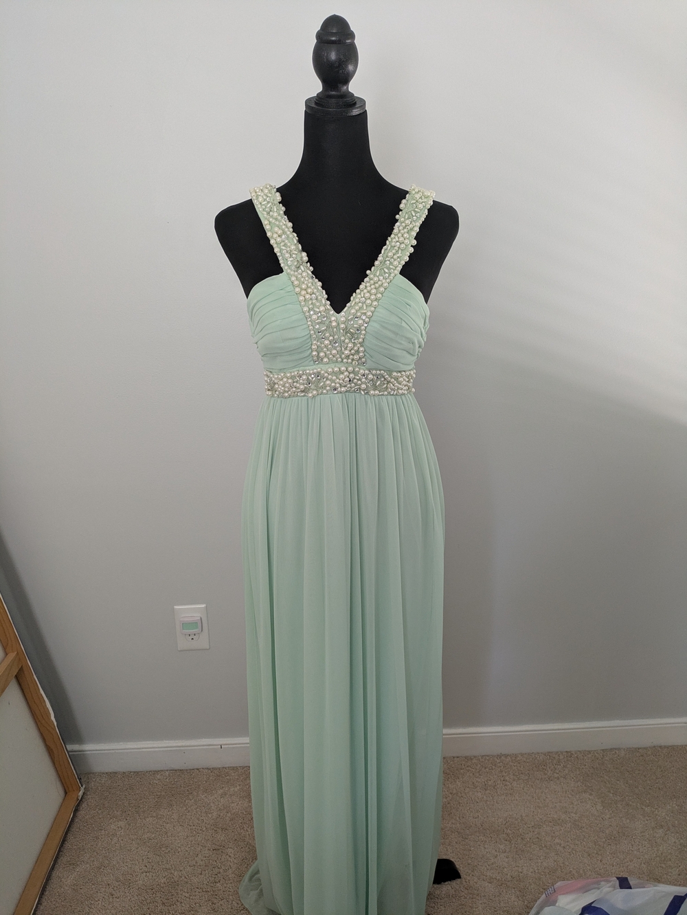 City Studio Mint Green Beaded V-Neck Maxi Dress Size 1 Formal Prom Pearls